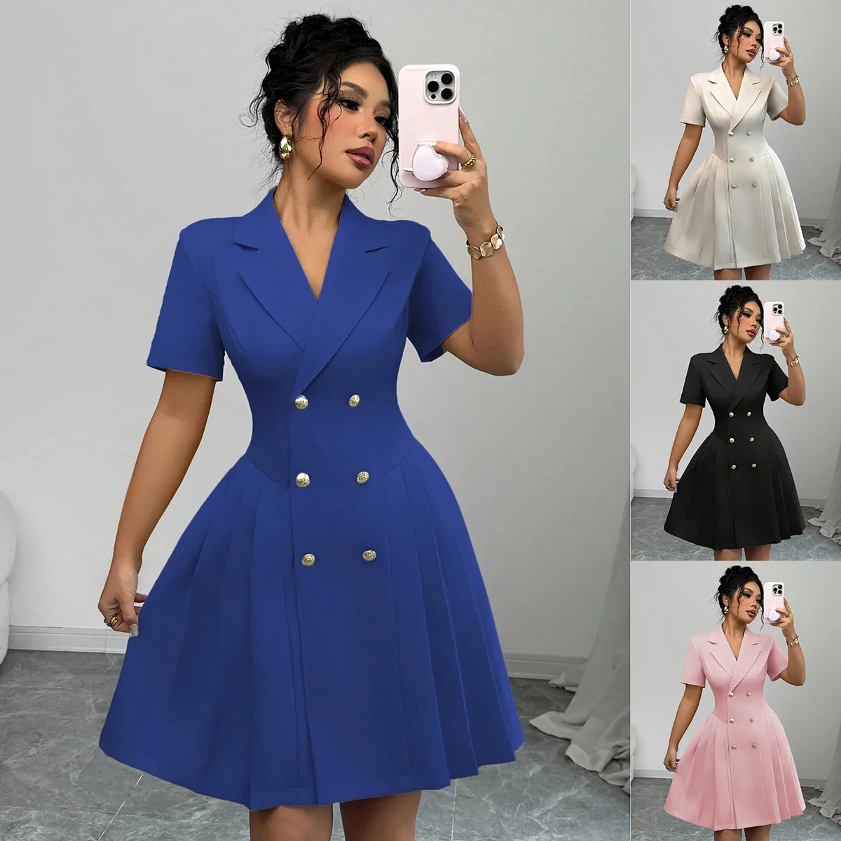 Summer New Women's Mini Midi Dress Solid Color Short Sleeved Waist V-neck Cinched Double Breasted With Lapel Commuting Dress