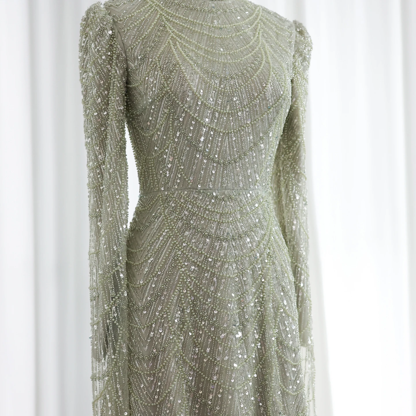 Sharon Said Luxury Dubai Sage Green Muslim Evening Dresses with Cape Sleeves High Neck Arab Women Wedding Party SS630 Customized image 2