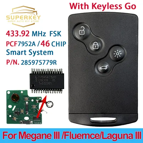 SUPERKEY 2009-2015 Renault Megane III Fluence Laguna III Scenic 2010 스마트 카드 자동차 키 433MHz PCF7952A 핸즈프리 열쇠가없는