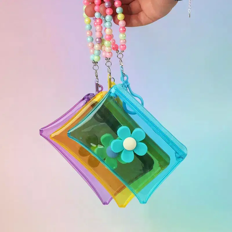PVC Zipper Small Wallet Portable Flower Bead Chain Coin Purse Colorful Transparent Storage Bag