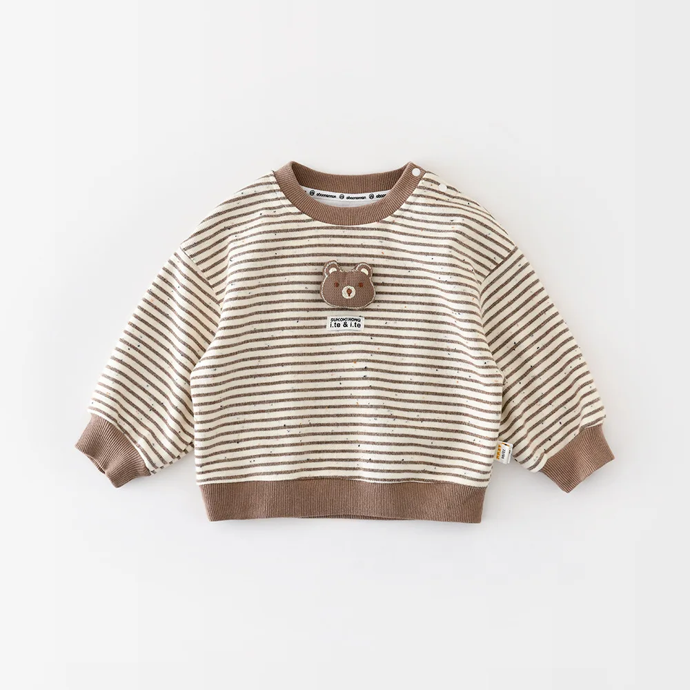

2026 Spring New Baby Long Sleeve Sweatshirt Cotton Boys Casual Striped Pullover Toddler Girls Cute Bear Tops Children Clothes