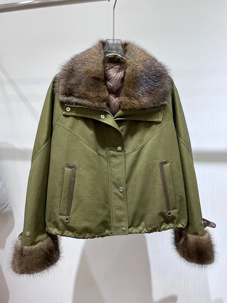 

Новое женское теплое джинсовое пальто, зимняя одежда, натуральный муkrat, норковый меховой воротник, куртка на гусином пуху, роскошная плотная женская верхняя одежда