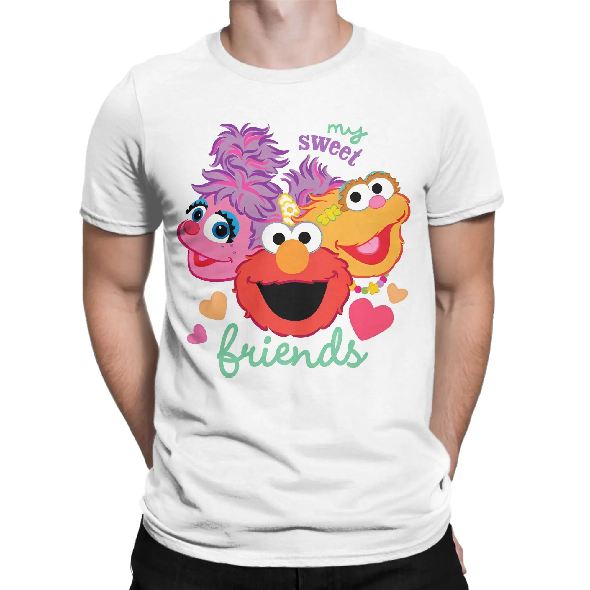 Printed Cartoon Sesames Streets  Elmo T-Shirt Men's Round Neck Short Sleeve Tops Shirts  Cotton Summer Top Tee