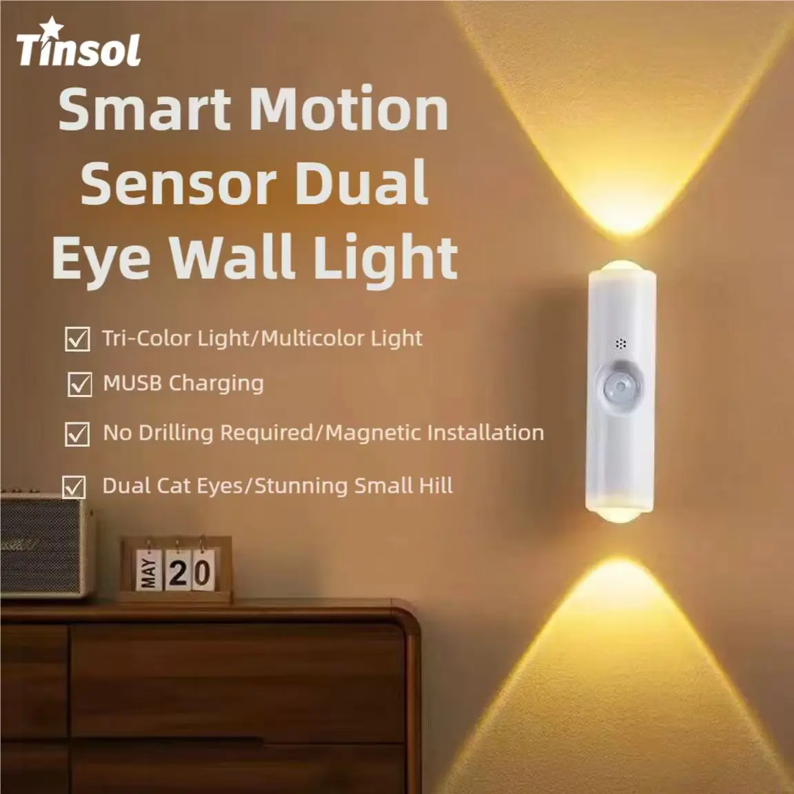 TINSOL Magnetic Smart Human Sensor Light, Bedroom Color-Changing Mood Night Light, Rechargeable Cat Eye Night Light