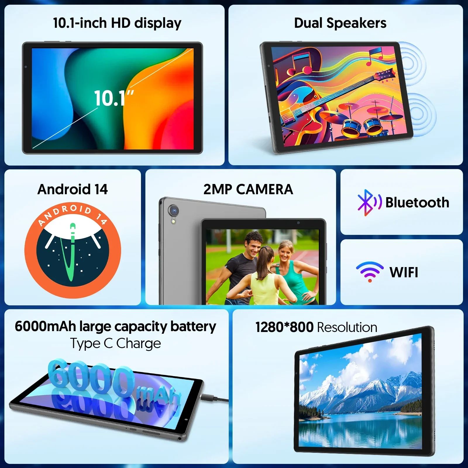 แท็บเล็ตขนาด 10.1 นิ้วรุ่นล่าสุด, ซีพียูแบบควอดคอร์, ระบบปฏิบัติการ Android 14, พื้นที่เก็บข้อมูล 32GB, รองรับการขยายหน่วยความจำด้วยการ์ด SD สูงสุด 512GB, รองรับ WiFi, เชื่อมต่อไร้สาย, กล้องคู่, รองรับ GMS
