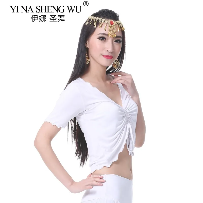 Costume di danza del ventre delle nuove donne Reggiseno superiore Manica corta Pieghettato Danza del ventre Pratica di yoga Top Coulisse Pieghettato Moda 9 colori