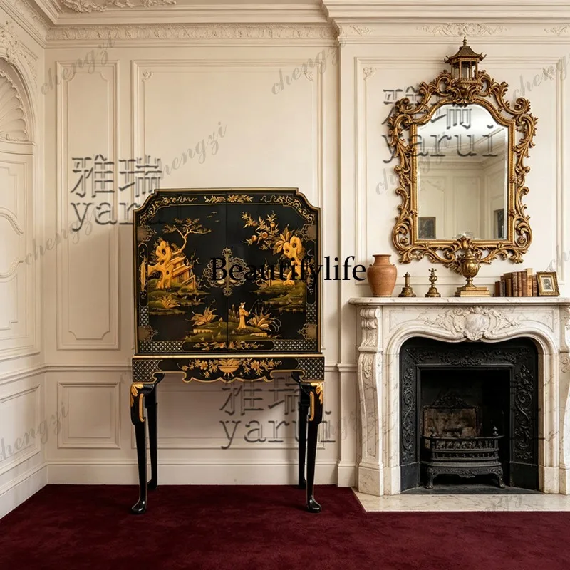 French medieval solid wood wine cabinet hand-painted gold-painted lacquerware living room entrance side cabinet display
