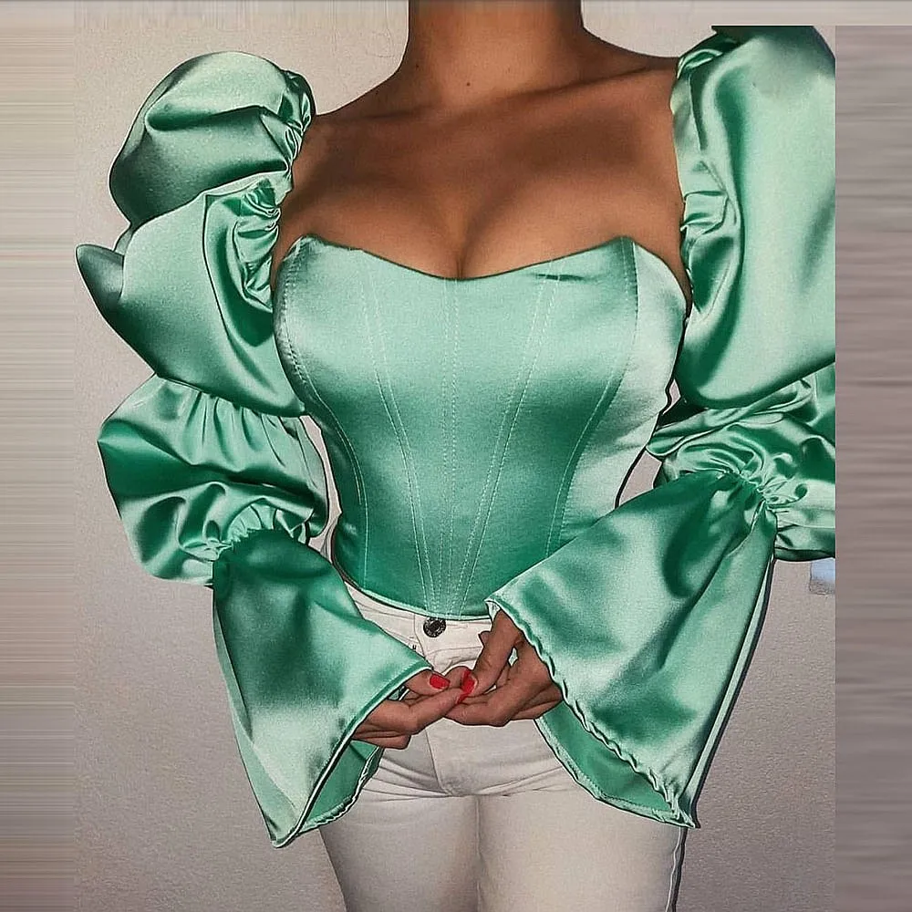 

Mint Green Satin Party Tops Long Sleeves Normal Length Top For Women