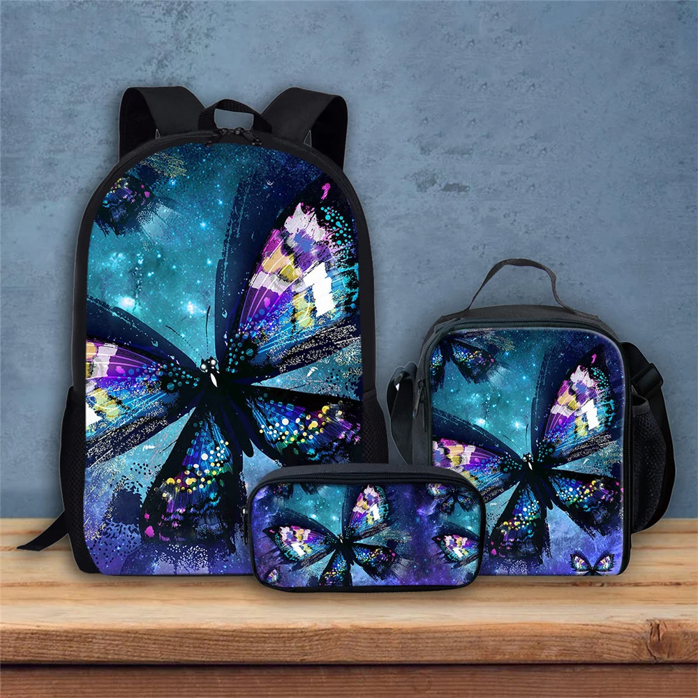 Kids Backpack School Bag Set For Girls Cute Butterfly 3D Printing Teenagers Book Bags Casual Daypack Backpacks Mochila Infantil