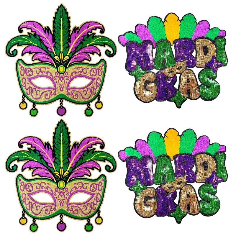 Parche termoadhesivo hierro Mardi Gras bordado grande Nueva Orleans