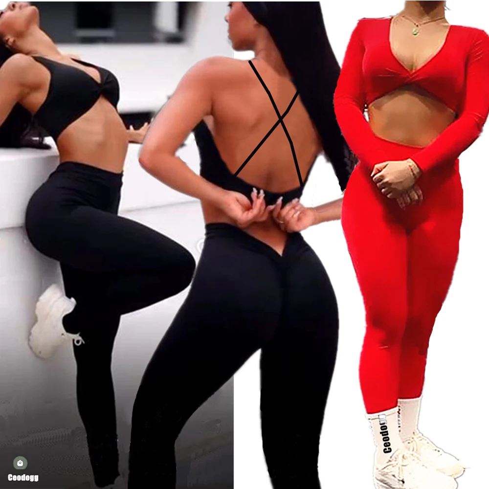 2Pcs Pad Long Short Sleeve Crop Tops Women Gym Yoga Set Sport Gym Scrunch V Back Fitness Leggings Workout Pant Active Suits