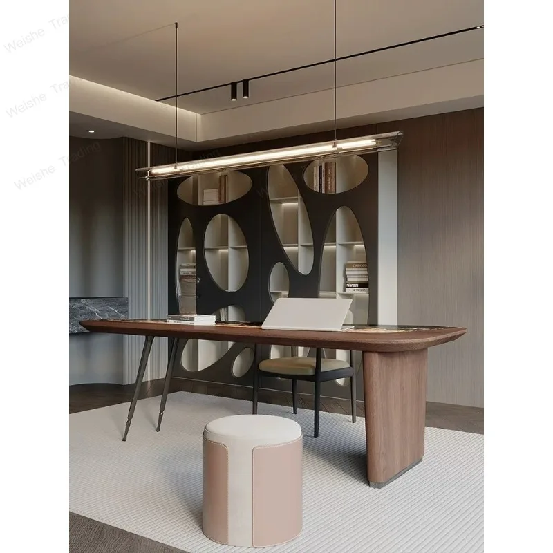 

Minimalist marble desk, modern light luxury study office integrated table
