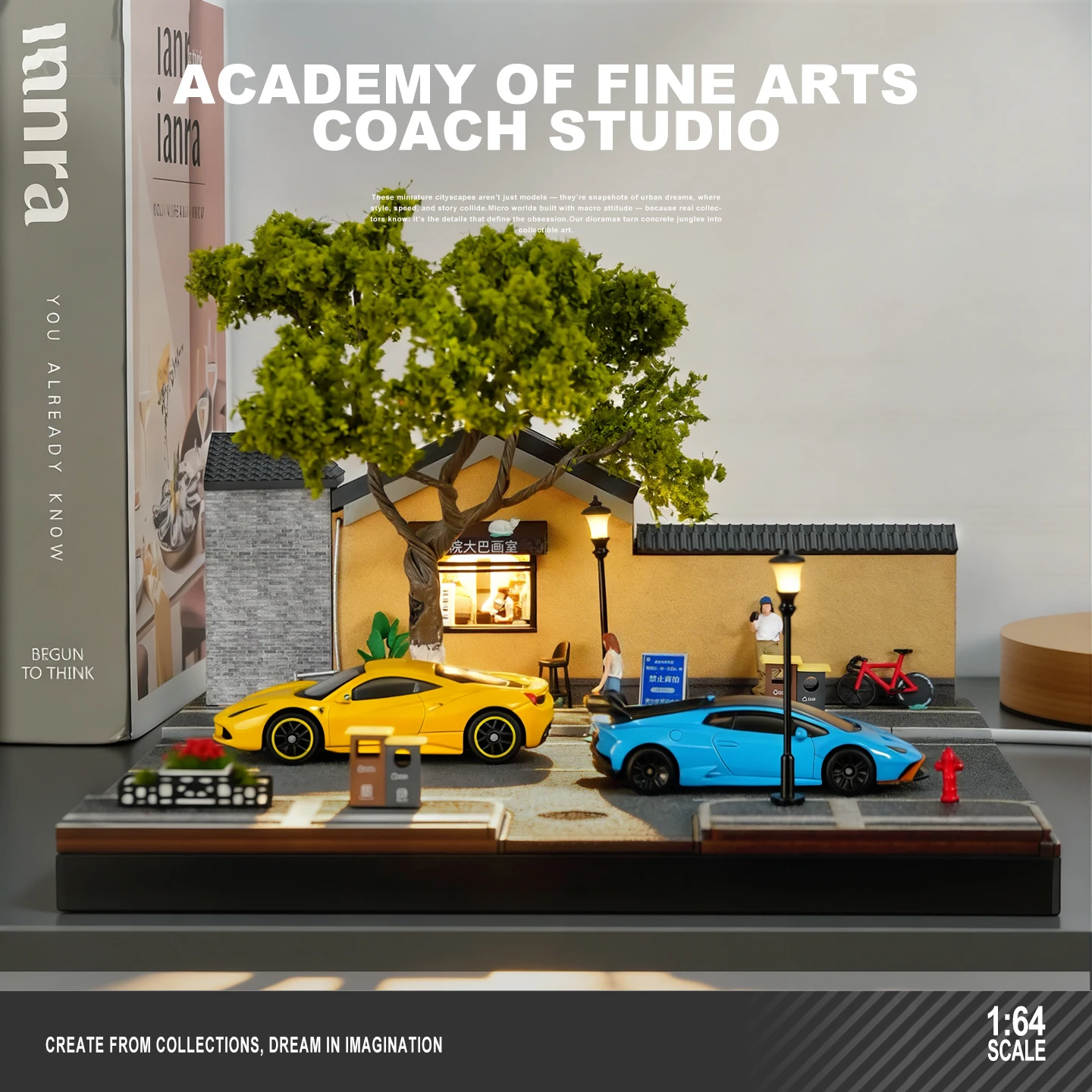 1/64 NANJING Guling Road Art Academy Bus Art Studio Model Scene with Figurines and Accessories Lamp Version Simulation Diorama