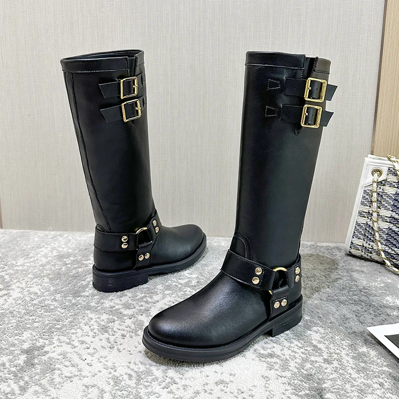

Black Buckle Strap Long Boots Round Head Thick Heels Women Shoes Fall Dress Knee High Botas Zapatos Mujer