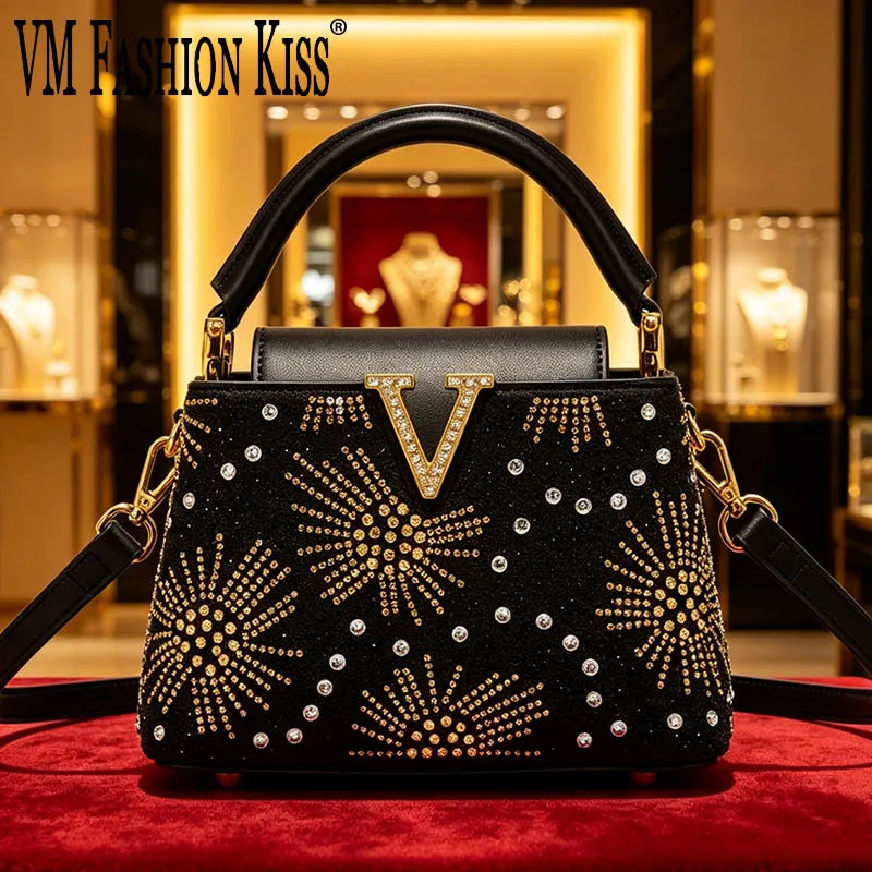 

2026 New Women's Rhinestone Top Handle Handbag Firework Burst Pattern Faux Leather Shoulder Bag Luxury Samll Crossbody Bag