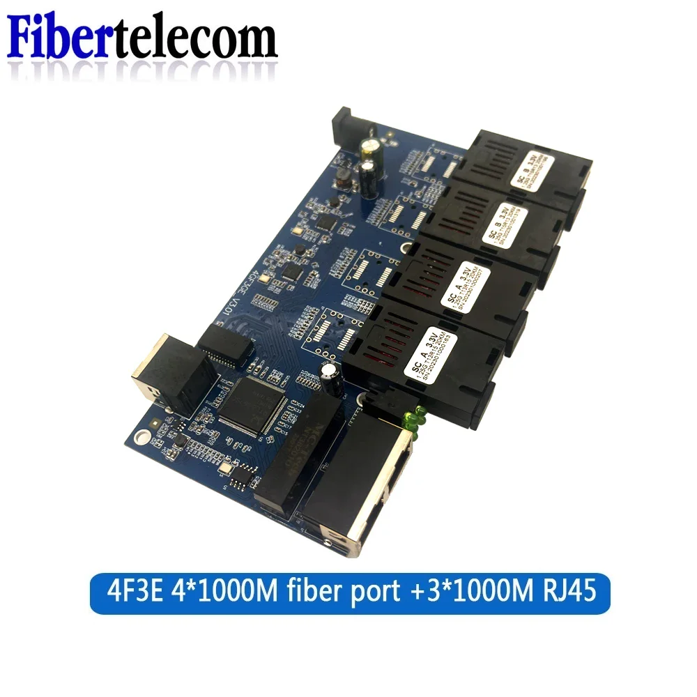 Gigabit Fiber Optic Media Converter SC 100/1000M PCBA Board Singlemode 4 Fiber 3 RJ45 Ethernet Switch Transceiver Simplex