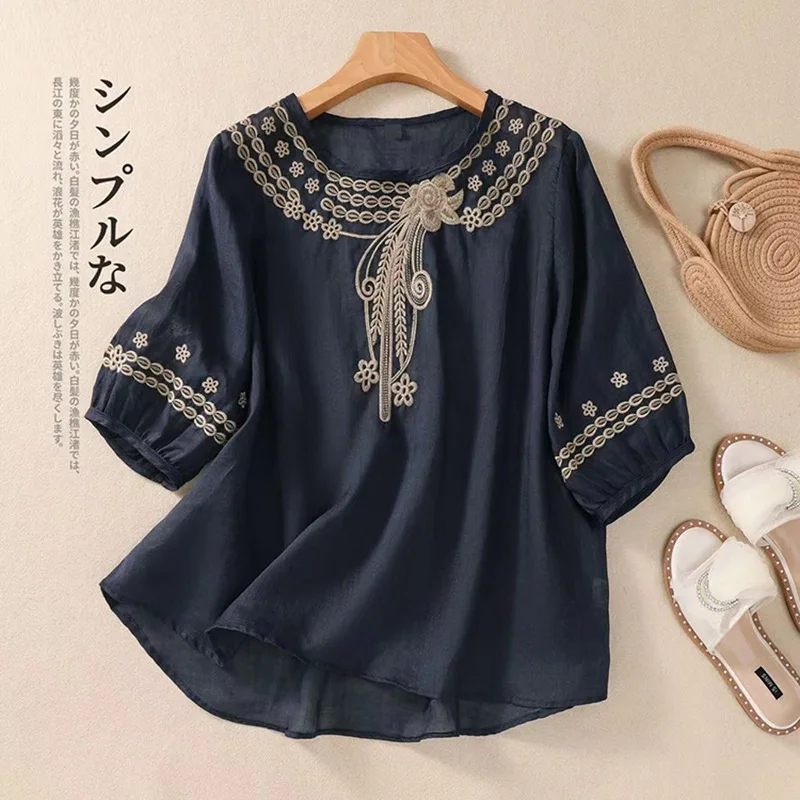 2024 New Summer Women Vintage Cotton and Linen Embroidery Round Neck Short Sleeved Chinese Style Large Size Loose Casual Tops