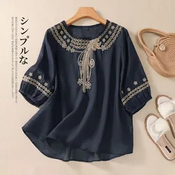 2024 New Summer Women Vintage Cotton and Linen Embroidery Round Neck Short Sleeved Chinese Style Large Size Loose Casual Tops