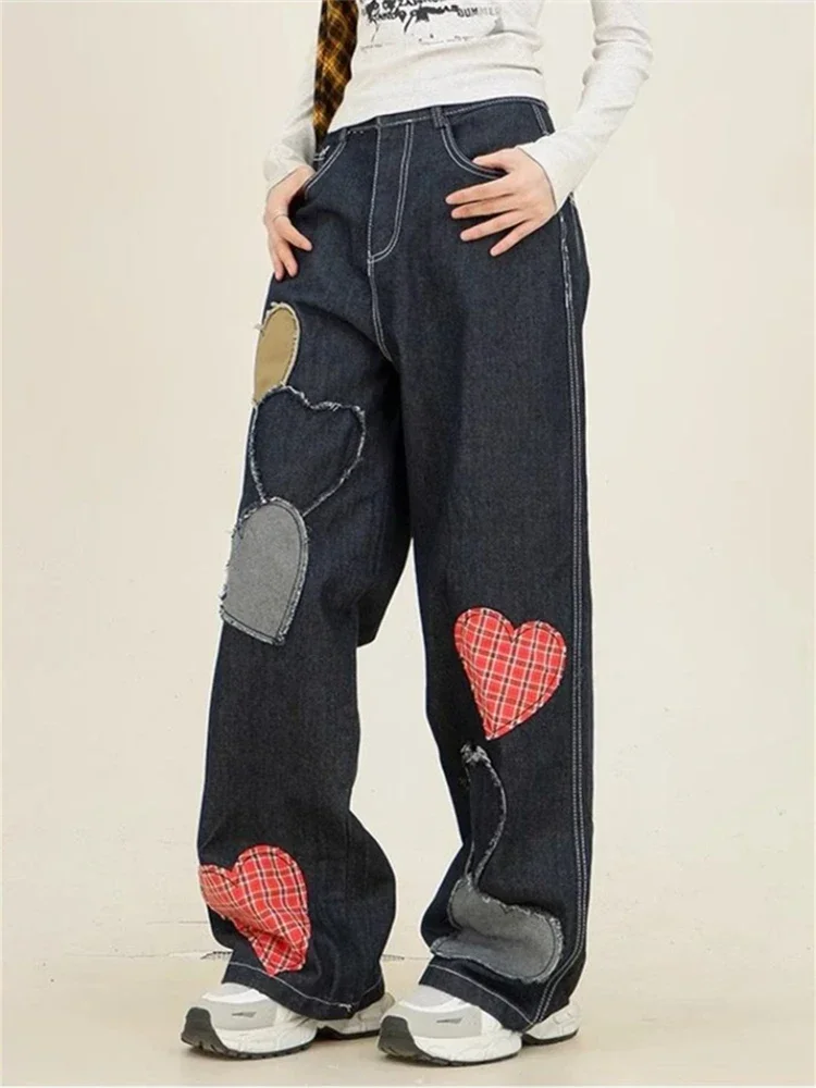 Women's Color Blocking Heart-shaped Checkered Patchwork Jeans Street Girl Bottoms Wide Legs Pants Female Fashion Denim Trousers