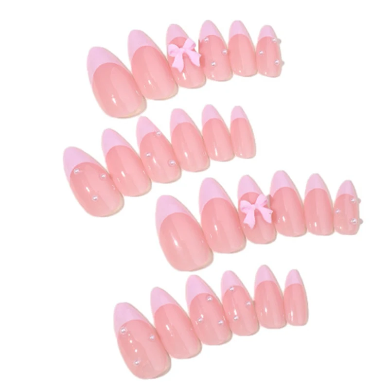 Faux ongles français en poudre pour femmes et filles, nail art, petite goutte d'eau, nœud perlé, presse sur le bord, perfecemballages, portable, N64.24 pièces