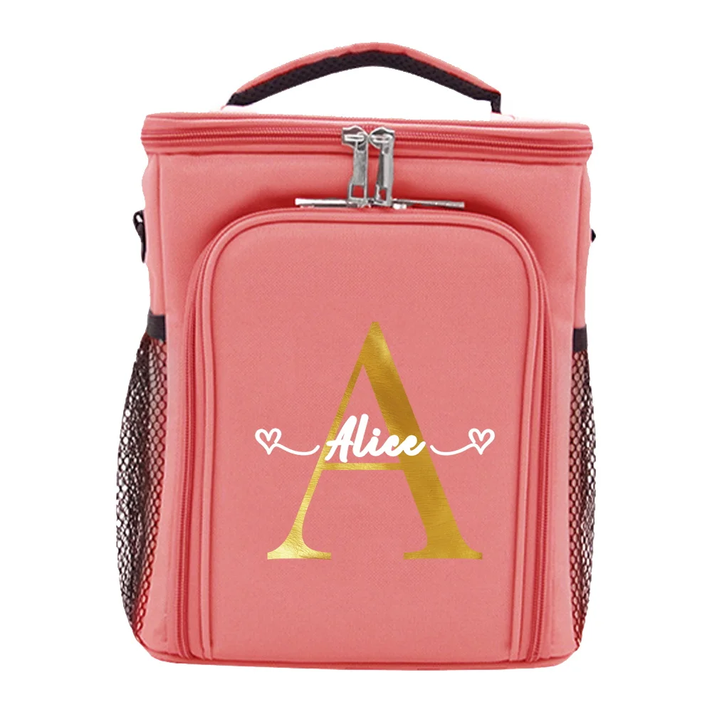 Customizable Name Double-layer Lunch Bag Insulated Bento Bag Portable Large Capacity Double-layer Bento Bag Gold Letter Series