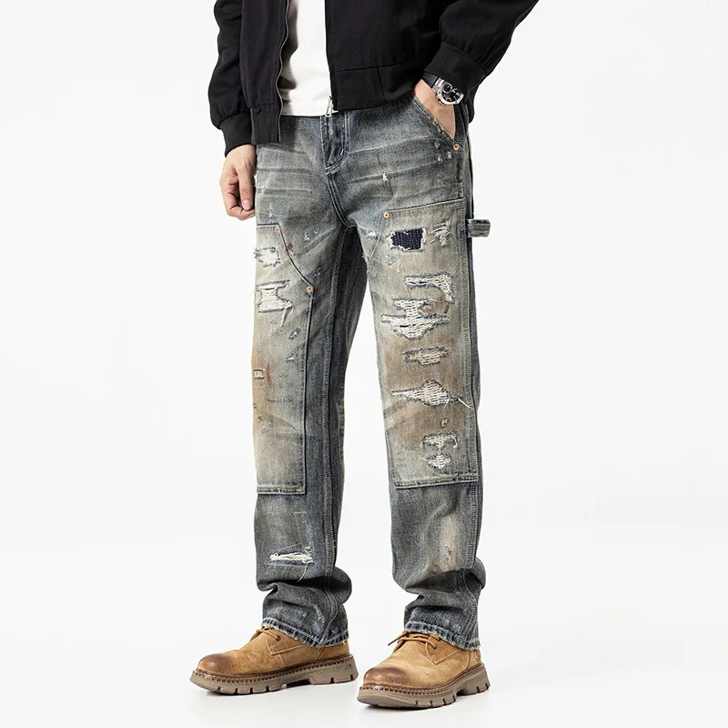 

2025 Autumn New Retro Washed Scratched Broken Hole Jeans Men's Loose Straight Tube Trendy Street Rascal Straight Tube Pants