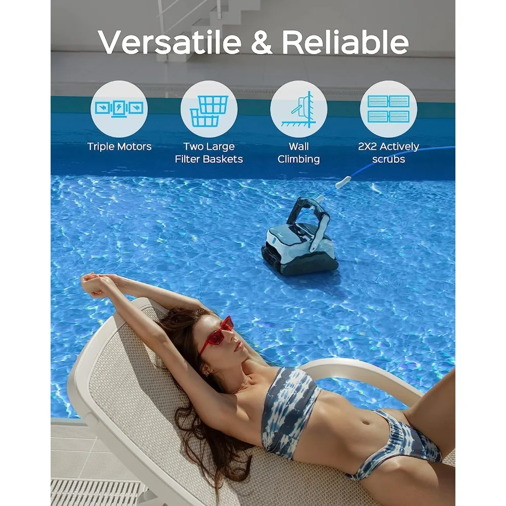 Nettoyeur de piscine robotique pour piscines enterrées et hors sol, triple moteurs injuste jusqu'à 50 pieds, fonction d'escalade murale