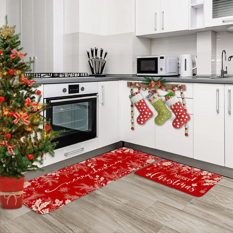 Merry Christmas, 2-piece set of red kitchen floor mats, holly branches, living room decoration, door mats, 20inX31in 18inX47in