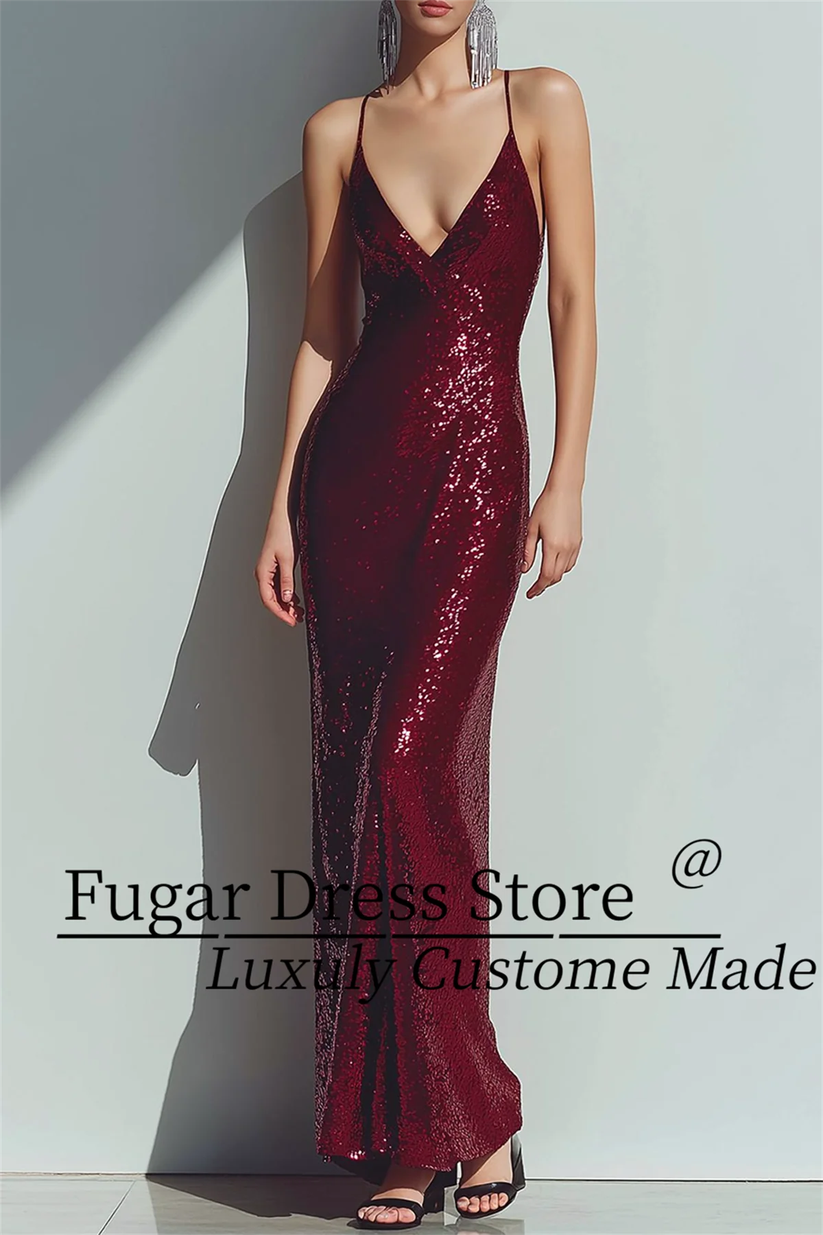 

TIANTIAN Customized Formal Evening Dress Burgundy Spaghetti Straps Sequin Maxi Dress Elegant Vestidos de fiesta elegantes
