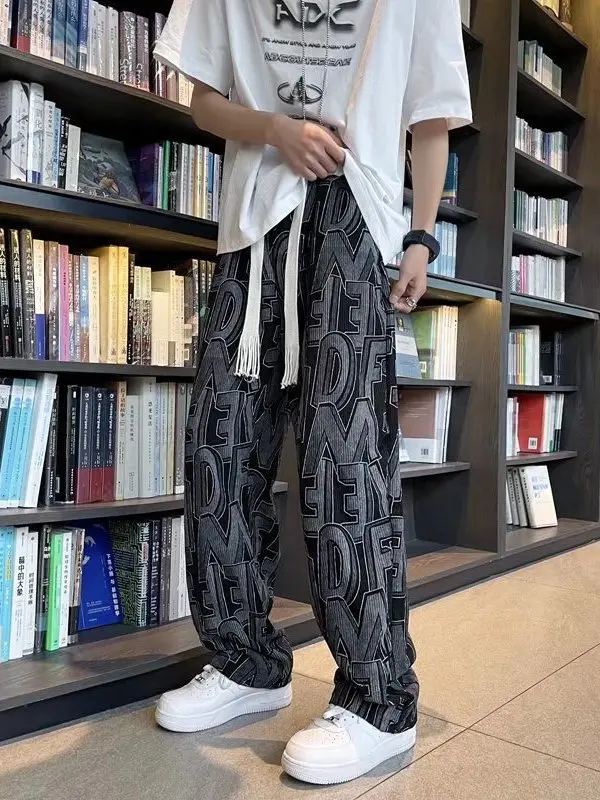 

Corduroy Letterprinted Casual Pants Men's Velvet Letter Print Leisure Trousers Straight Leg Elastic Waist mid Waist Spring Au...