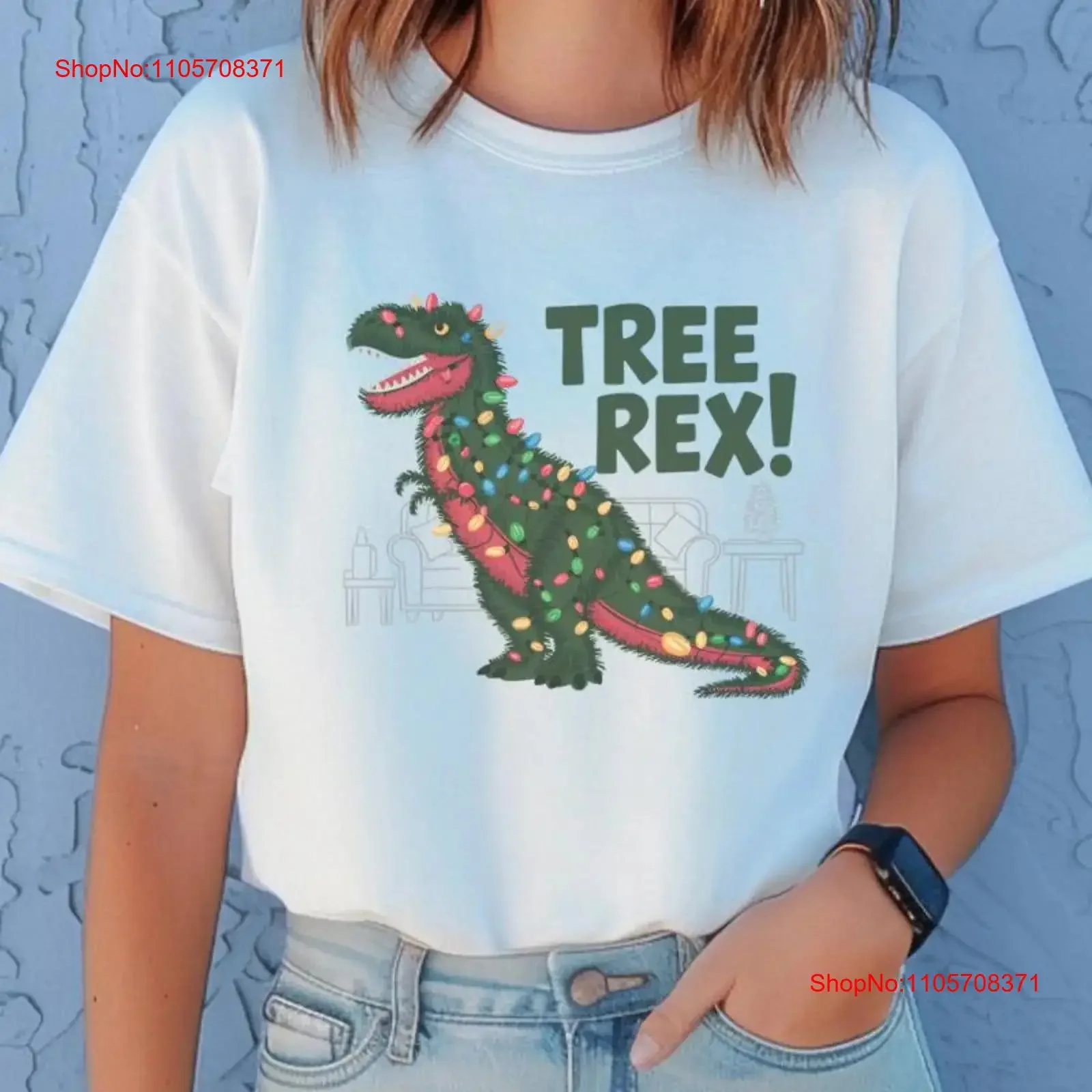 Tree Rex dinosaur Christmas T Shirt Funny Wrapped in Lights Holiday Party vintage Washed Top For Everyday Wear Comfortable