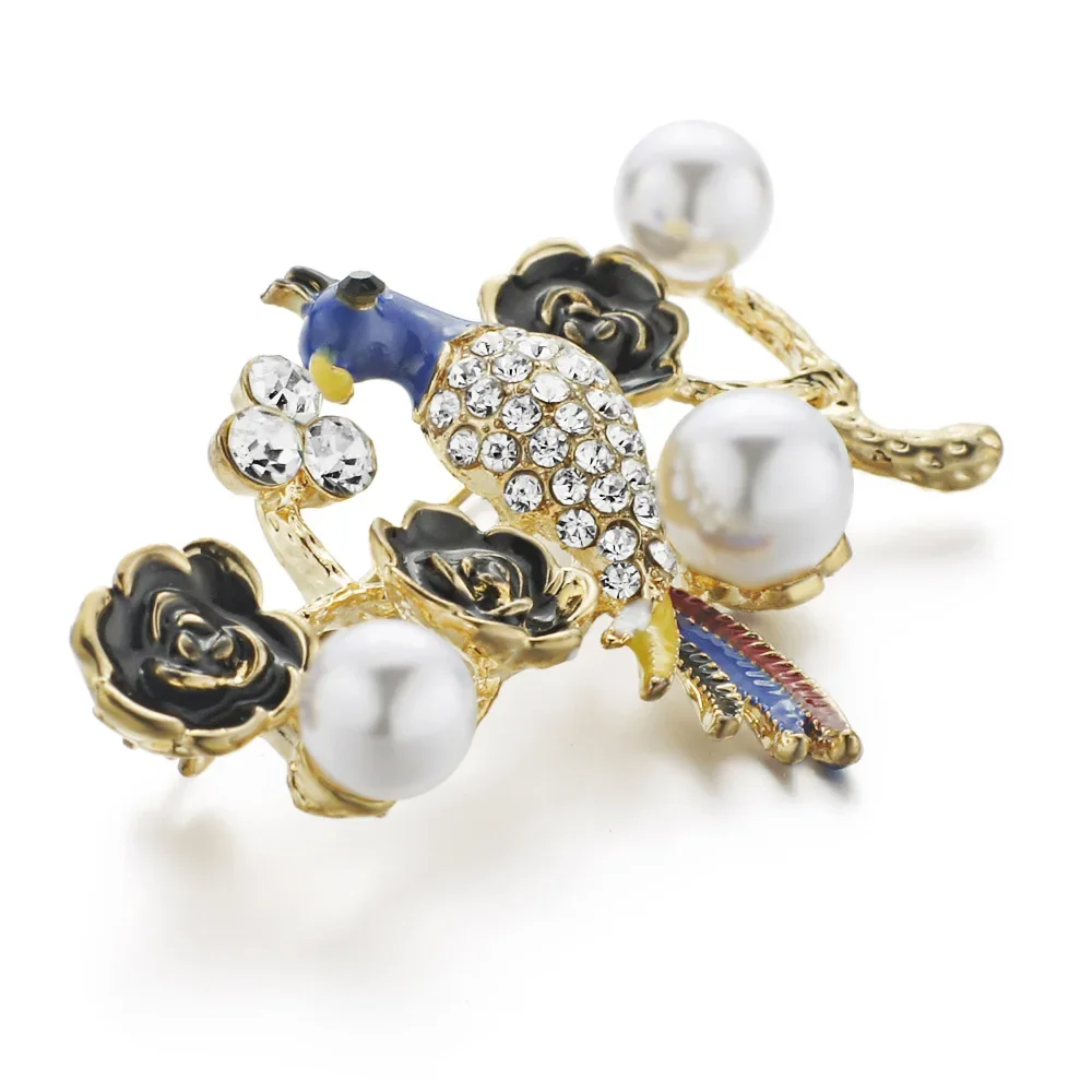 Parrot Brooches For Women Girl Enamel Flower Rhinestone Crystal Simulate Pearl Brooch Pin Weddings Banquet Jewelry Gifts Z056