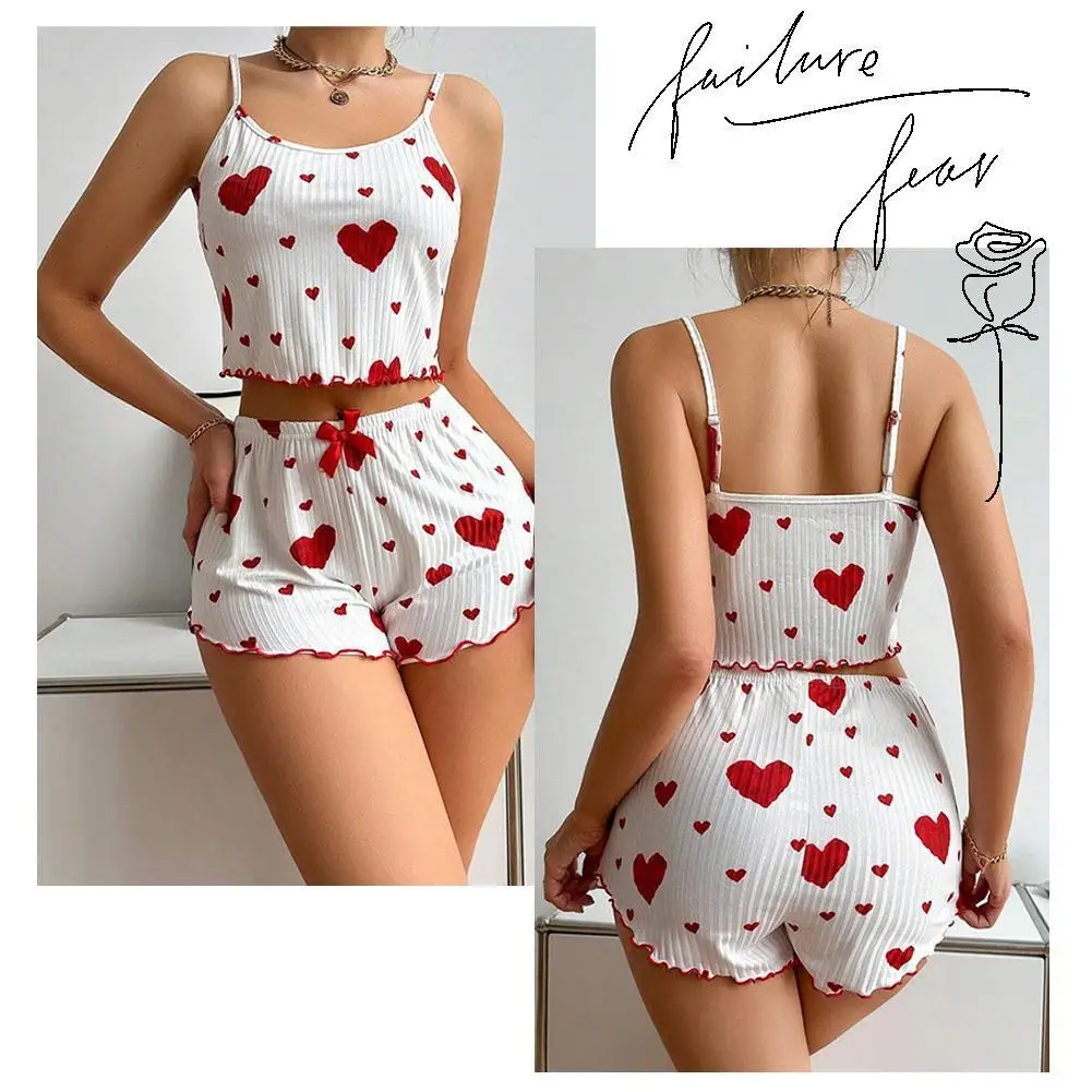 Ladies' Love Printed Camisole Shorts Cute Sweet Soft Comfortable Fitted Cut Casual Women's Pajamas Camisole Short Bow Tie Pajama