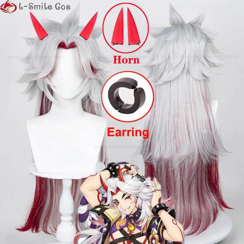 80cm Long Arataki Itto Cosplay Wig Game  Cosplay Horn Prop Accessories Heat Resistant Synthetic Wigs + Wig Cap