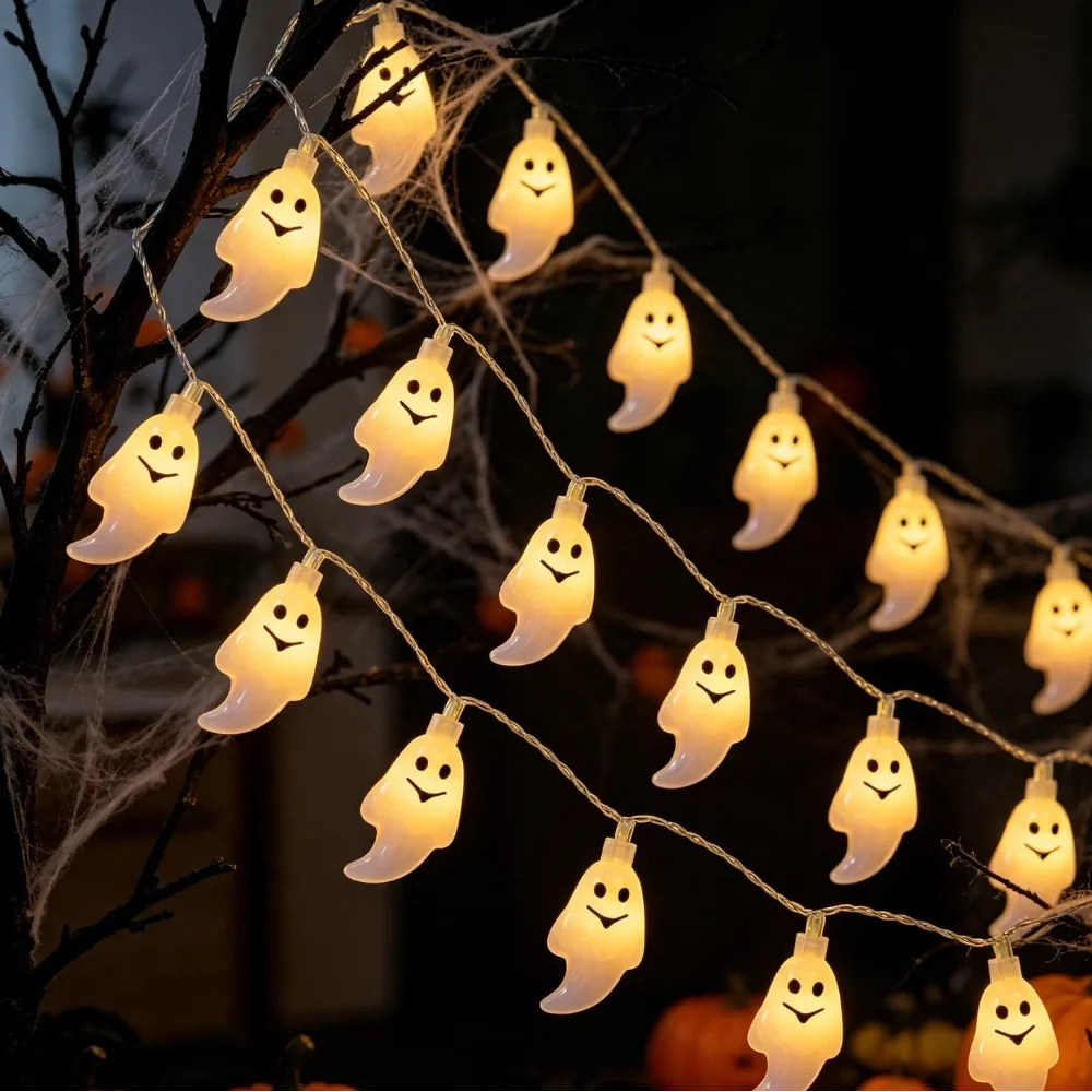 1/2/3Sets White Smiling Ghost Shaped Light String Used for Halloween Day of The Dead Indoor Courtyard Tree Branch Tabletop Decor