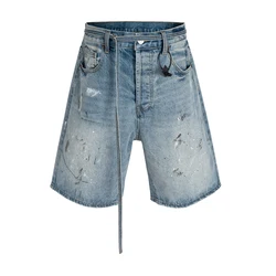 Streetwear New Summer Ink Splashed Hand-painted Denim Shorts Mens Straight Blue Washed Baggy Knee Length Jeans Pants Oversized