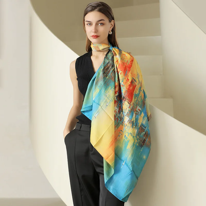 

2022 spring and summer new Japanese and Korean style sweet style printed colored women's silk scarf 90 * 90cm