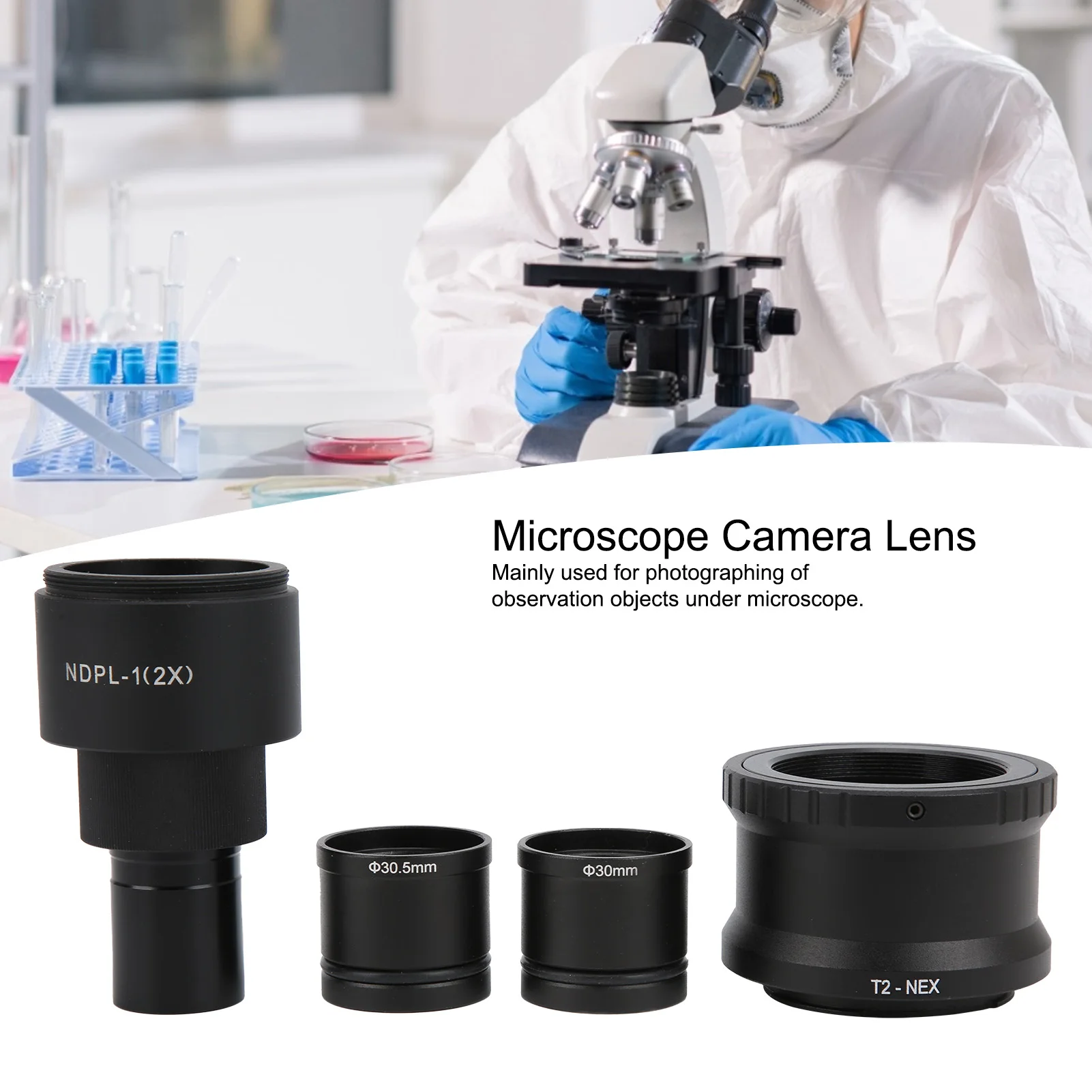 

Microscope Camera Lens T2‑NEX+NDPL‑1(2X) Biology/Stereo Microscope Lens Kit with Camera Mount Mirrorless Camera Adapter