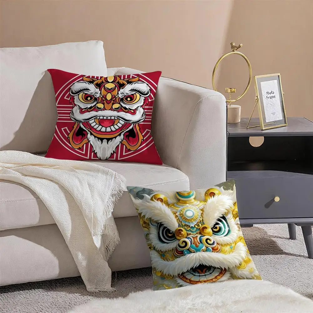 festive Traditional Dancing Lion Anime Lucky Cushion Cover Linen Pillow Case Soft Breathable Protective Couch Room Decoration