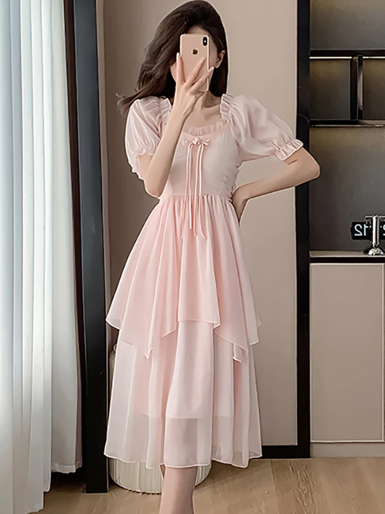 2024 New Pink Chiffon Elegant Bow Ruffled Square Collar Dress Summer Fashion Casual Holiday Dress Women Korean Bodycon Vestidos