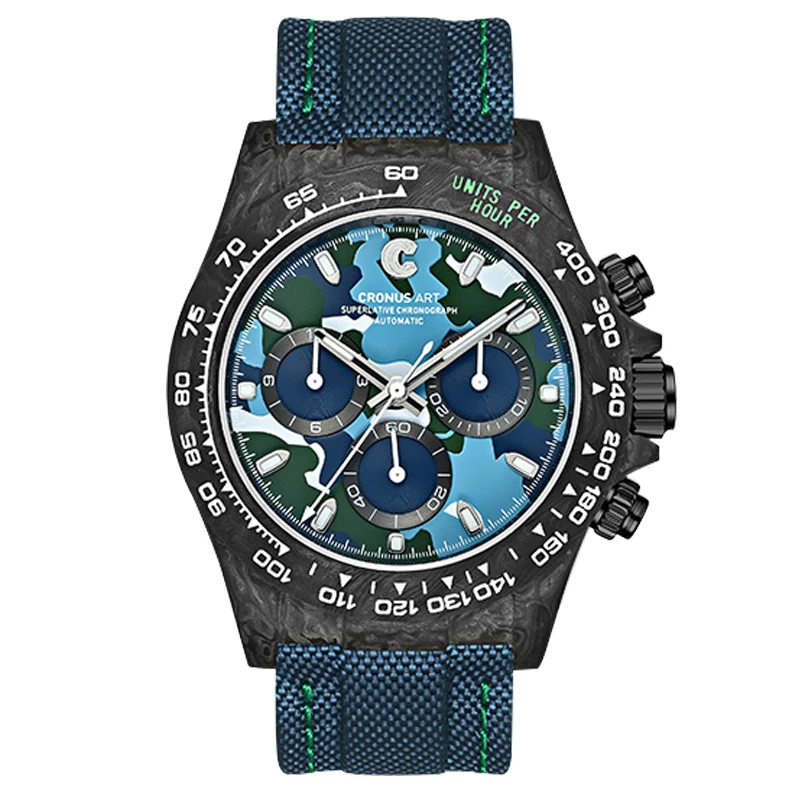 

CRONUSART Мужские часы-хронограф Корпус из углеродного волокна 40 мм Автоматические механические наручные часы Светящийся камуфляжный циферблат