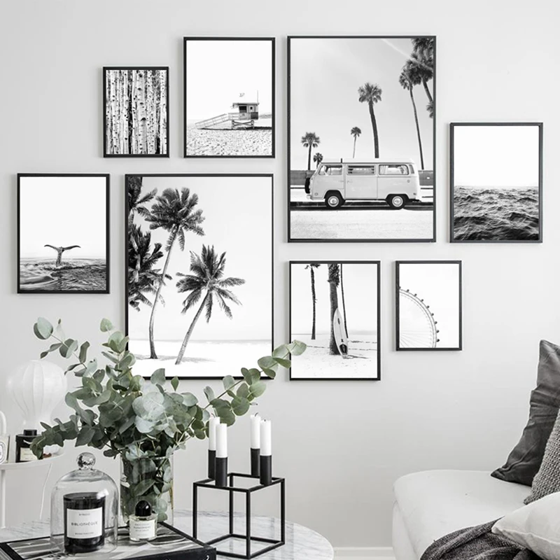 

Travel Bus Minimalist and Advanced Poster Black and White Surf Beach Canvas Poster Picture for Living Room Decor Wall Art