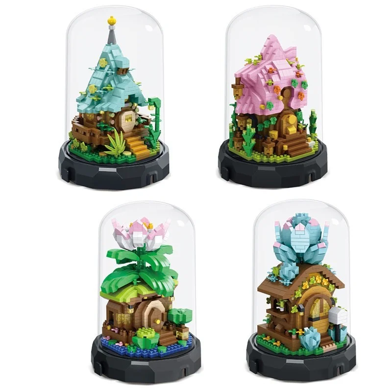 

700Pcs+ Tree House Micro Building Blocks Assemble Succulent Lotus Pine Nut Pine Tree House Puzzle Toy for Kids Gift With Display