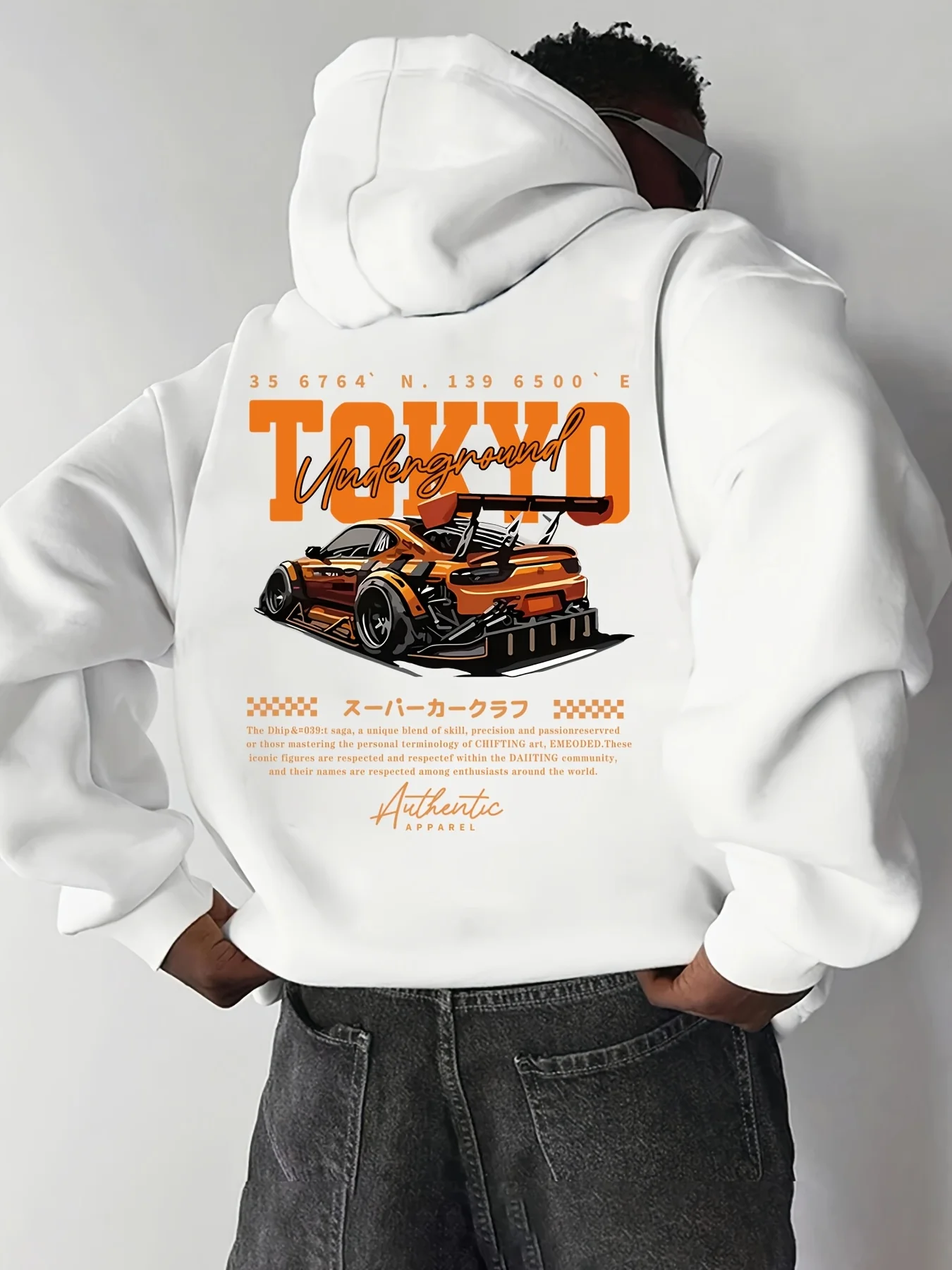 Men's Autumn-winter Japanese-style Car Print Hooded Fleece Pullover, Versatile Sporty Casual Loose-fitting Hoodie