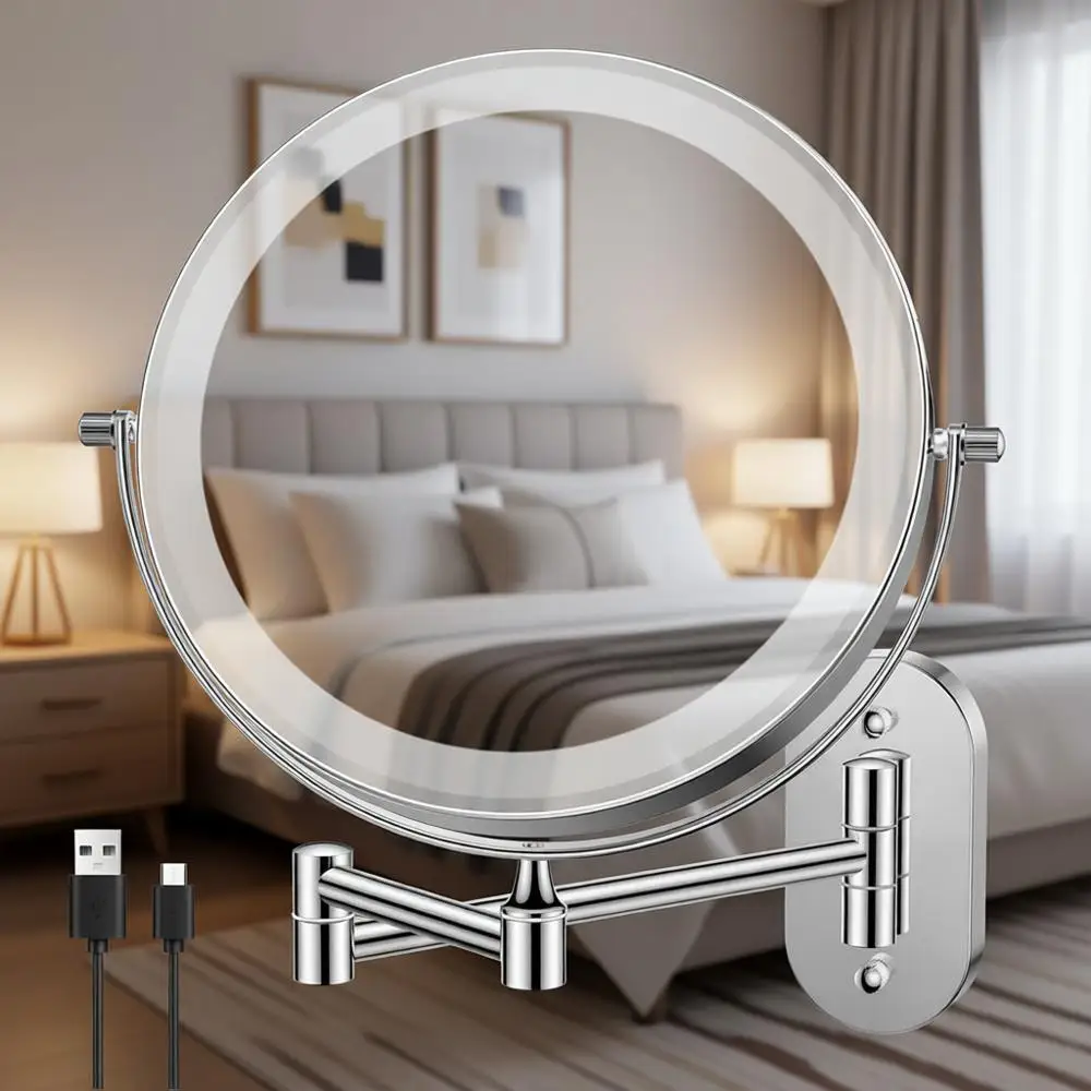 

5000mAh Rechargeable Wall Mounted Lighted Makeup Vanity Mirror, Double Sided 1X 30X Magnifying, 3 Color Lighting, Touch Sensor D