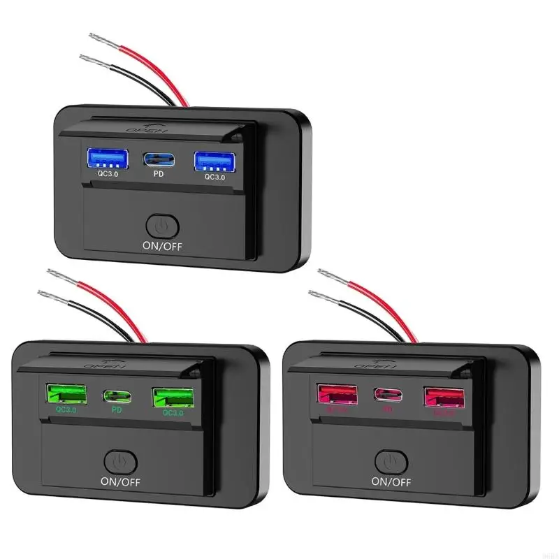 

96BA Multiple Device Charging Station for Automobiles, 12V-24V USB Double QC3.0 & PD3.0 Type C, Waterproof with LED