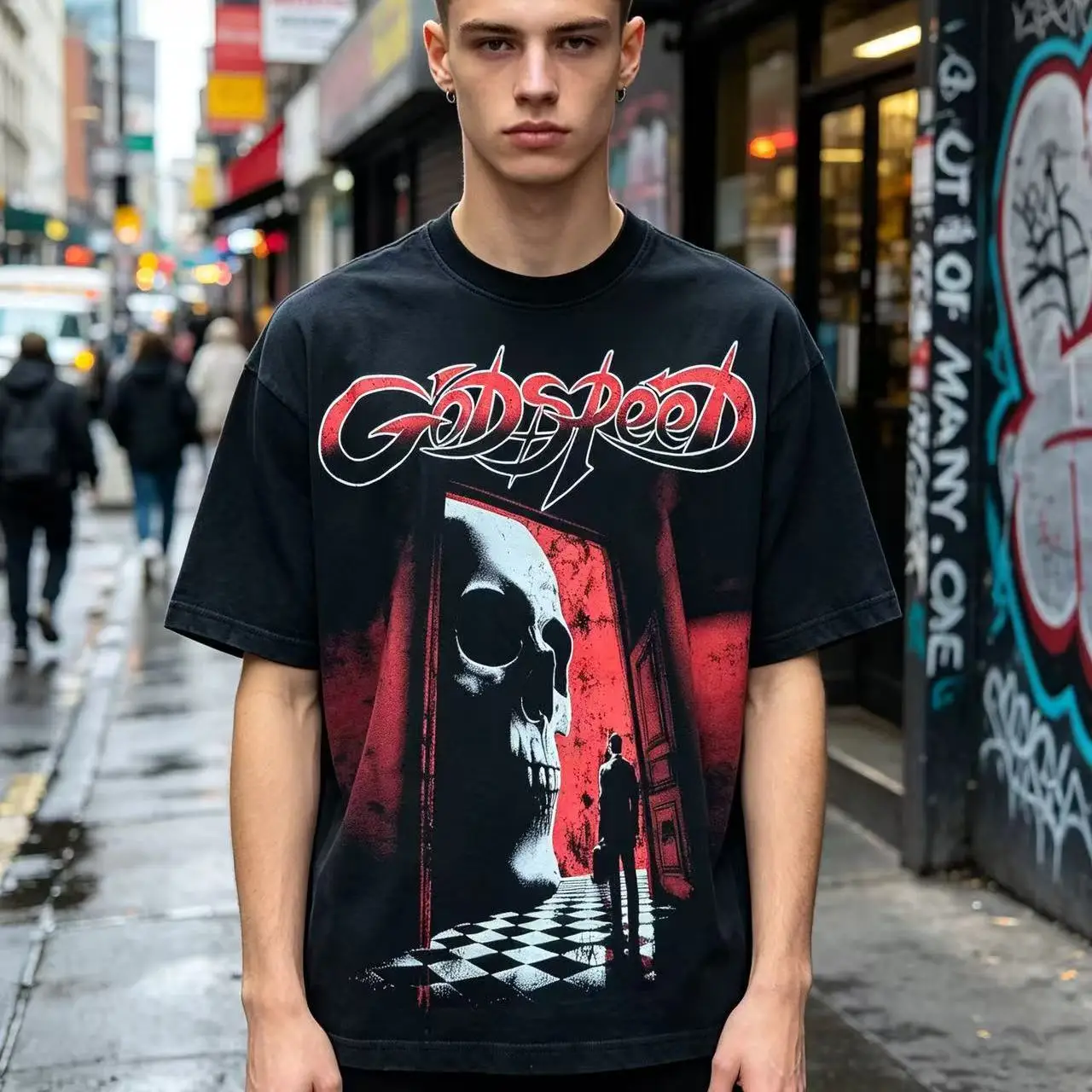 Godspeed Trendy Skull Print High Street Washed Loose Fit Pure Cotton Short Sleeve T-Shirt Street Style City Walk Casual Wear