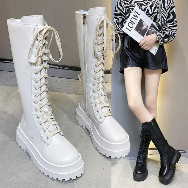 2021 New Thicken Winter Knight Boots Women Knee High Long Square Heel Boots Retro Thick Motorcycle Boots Black White Botas Mujer