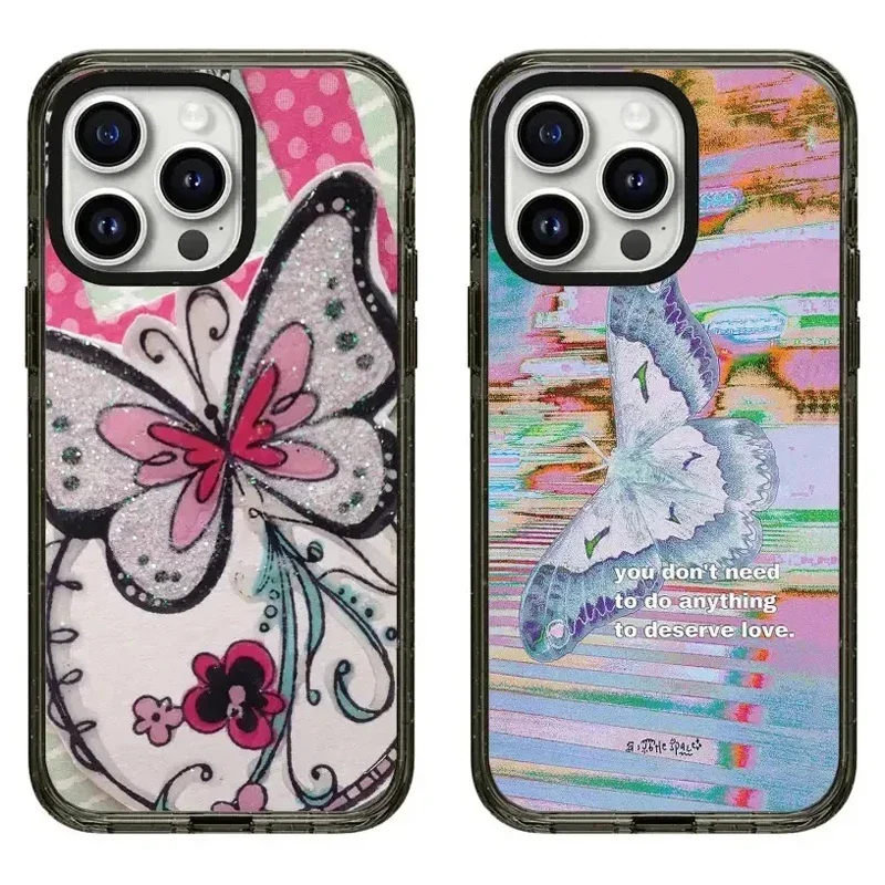 

2.0 Acrylic Black Border Butterfly Pattern iPhone 11 12 13 14 15 16 Pro Max Protective Case