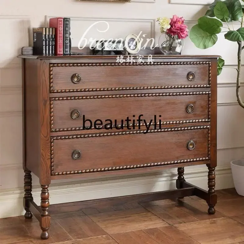 

American solid wood chest retro multi-functional living room locker design storage cabinet07A